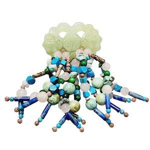 Beautiful Artisan Carved Jade & Semi Precious Stones Brooch (A1323)